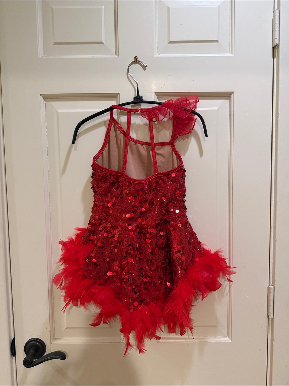 Red Sequin & Feather Girls Dance Costume - Picture 2 of 4